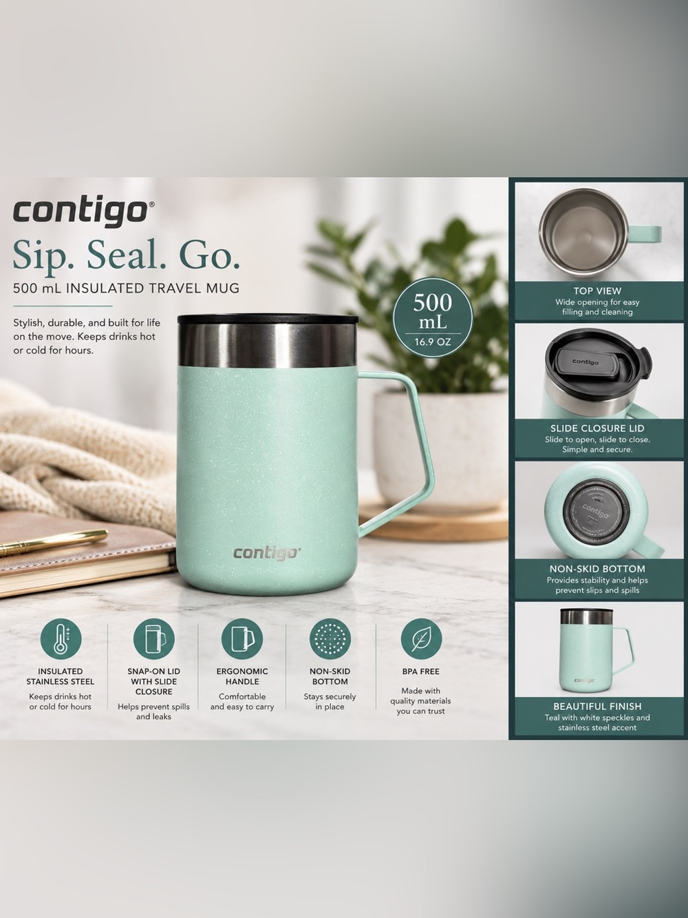 Contigo 500mL Vacuum Insulated Travel Mug Teal Stainless Steel Hot Cold Tumbler